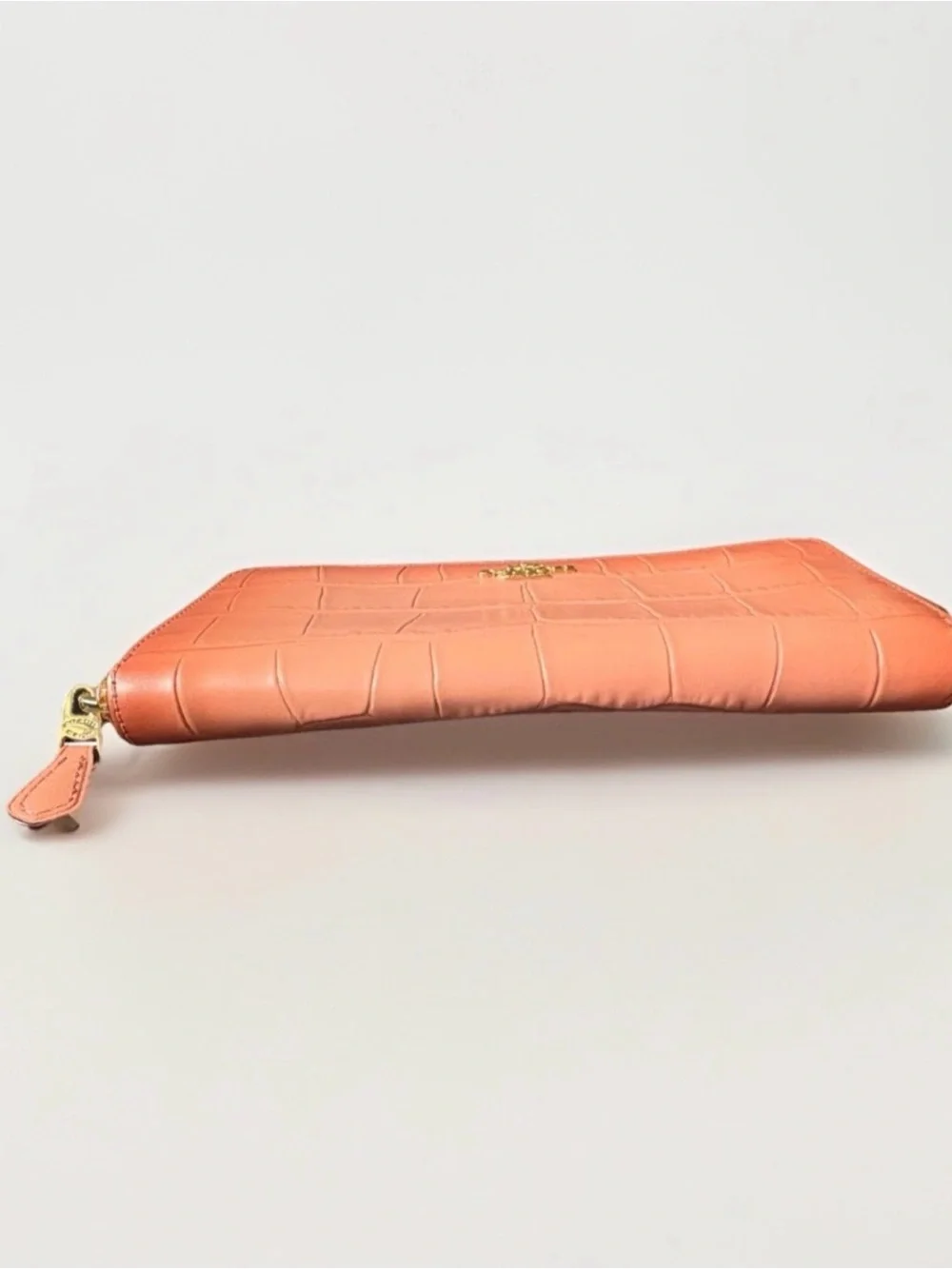 Coach Croc-Embossed Zip Wallet in Coral Peach with Gold Hardware
